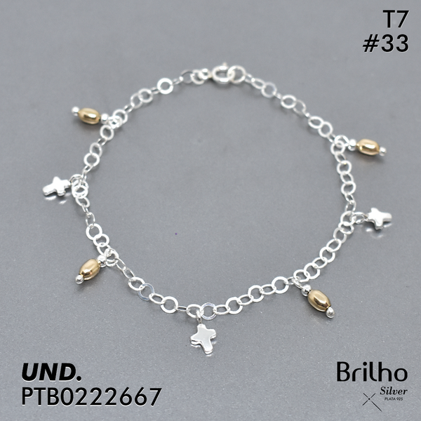 T7N033 TOBILLERA CRUCES Y BALêN ARROZ ORO PLATA