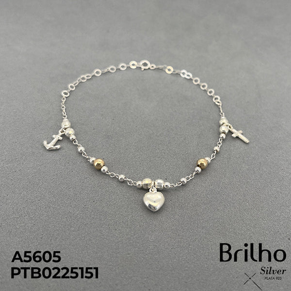 T7N123 TOBILLERA ORO PLATA DIJE CORAZÓN Y CRUZ