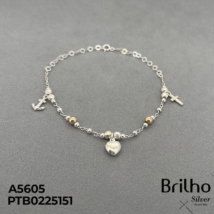 T7N123 TOBILLERA ORO PLATA DIJE CORAZÓN Y CRUZ