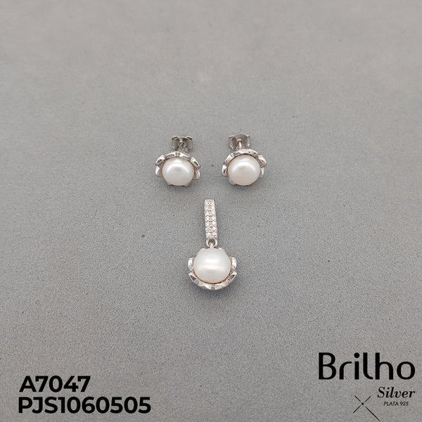 T1N345 JUEGO FLOR Y PERLA RODIO