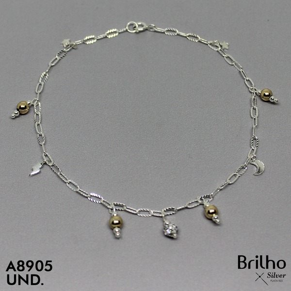 T7N070 TOBILLERA ESTRELLAS Y LUNAS MINI ORO PLATA