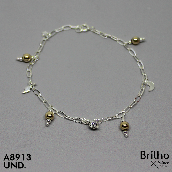 T8N388 PULSERA BALINES ORO Y BOLA DE FUEGO
