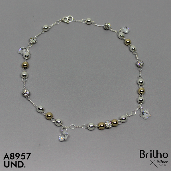 T7N013 TOBILLERA BALINES ORO PLATA Y BOLA DE FUEGO