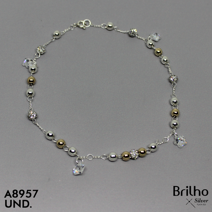 T7N013 TOBILLERA BALINES ORO PLATA Y BOLA DE FUEGO