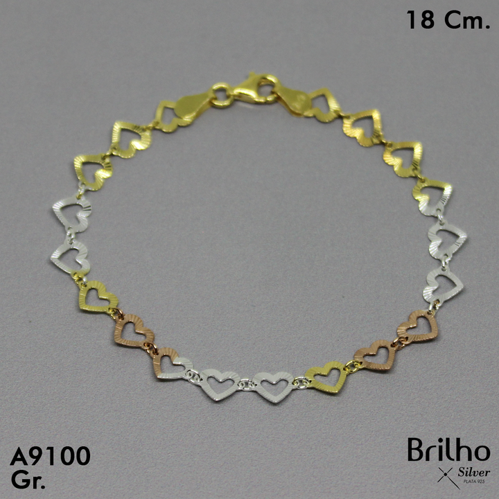CPU1513 PULSERA CORAZONES TRES OROS  18CM