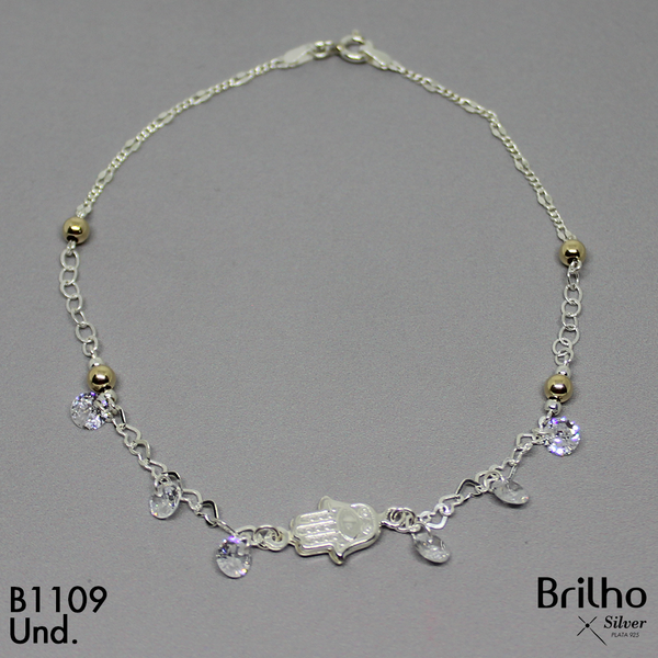T7N035 TOBILLERA MANO HAMSA BALIN ORO PLATA