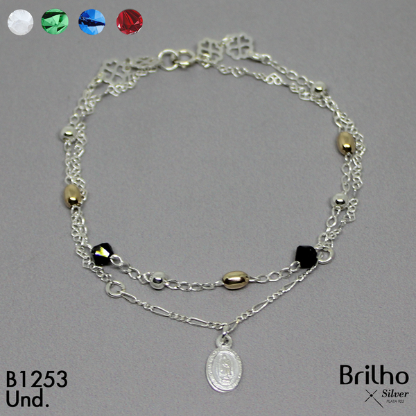 T8N351 PULSERA  TEJIDO DOBLE BALIN ORO PLATA DIJE GUADALUPE