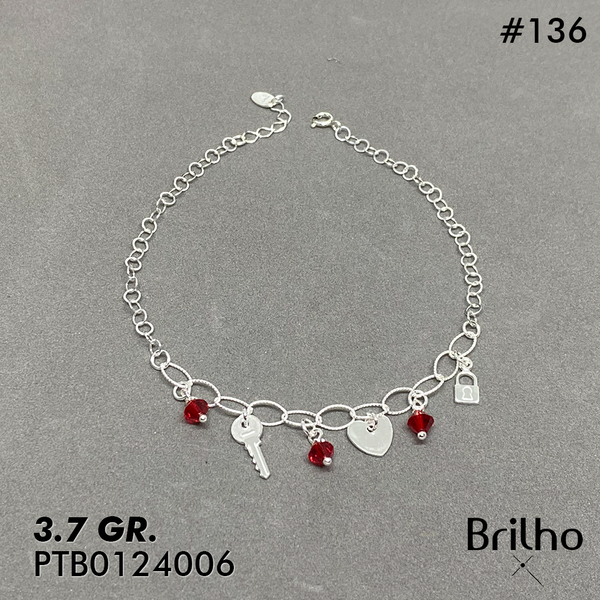 T7N136 TOBILLERA CORAZîN, LLAVE Y FLOR ROJA